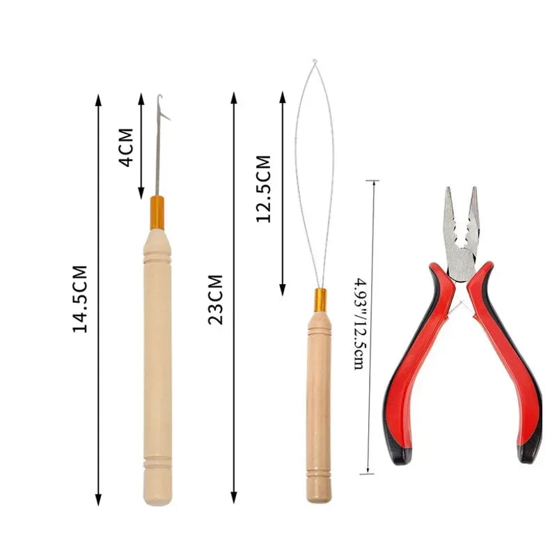 A set of professional hair extension bead tools including a needle and tweezers for application.
