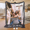 A personalized photo frame blanket featuring a couple smiling in an outdoor setting.