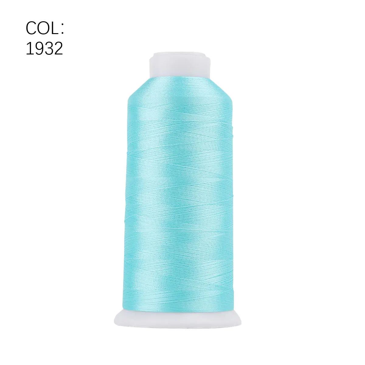 A roll of light blue polyester embroidery thread with a white core and cap.