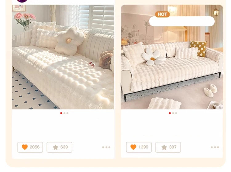 A light cream plush velvet sofa cover with white decorative pillows and a gray non-slip backing.