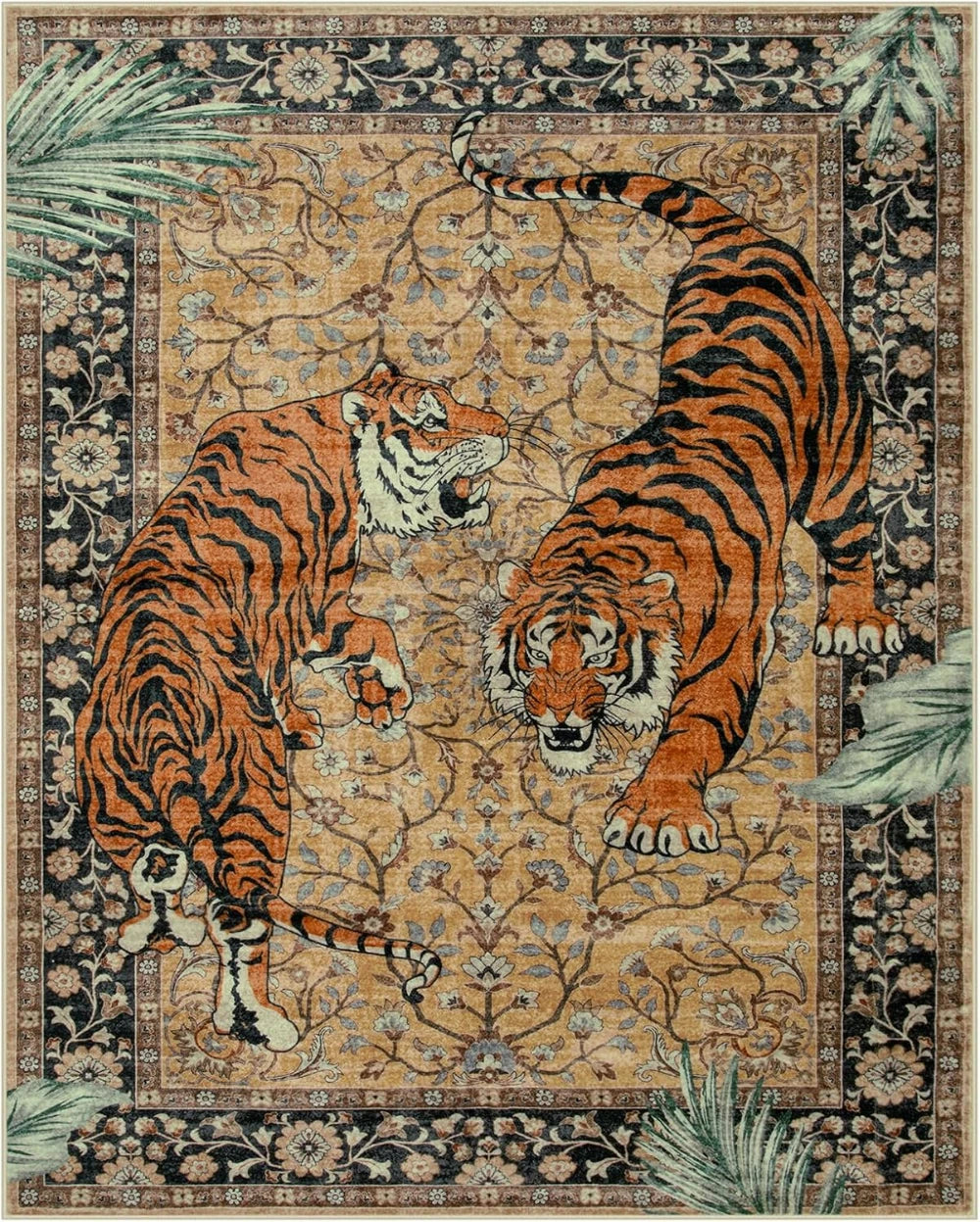 A rug featuring an orange and black striped tiger pattern on a beige background.