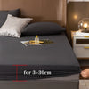 A dark gray waterproof mattress and bed protector sheet is shown on a bed with pillows and a small bottle.