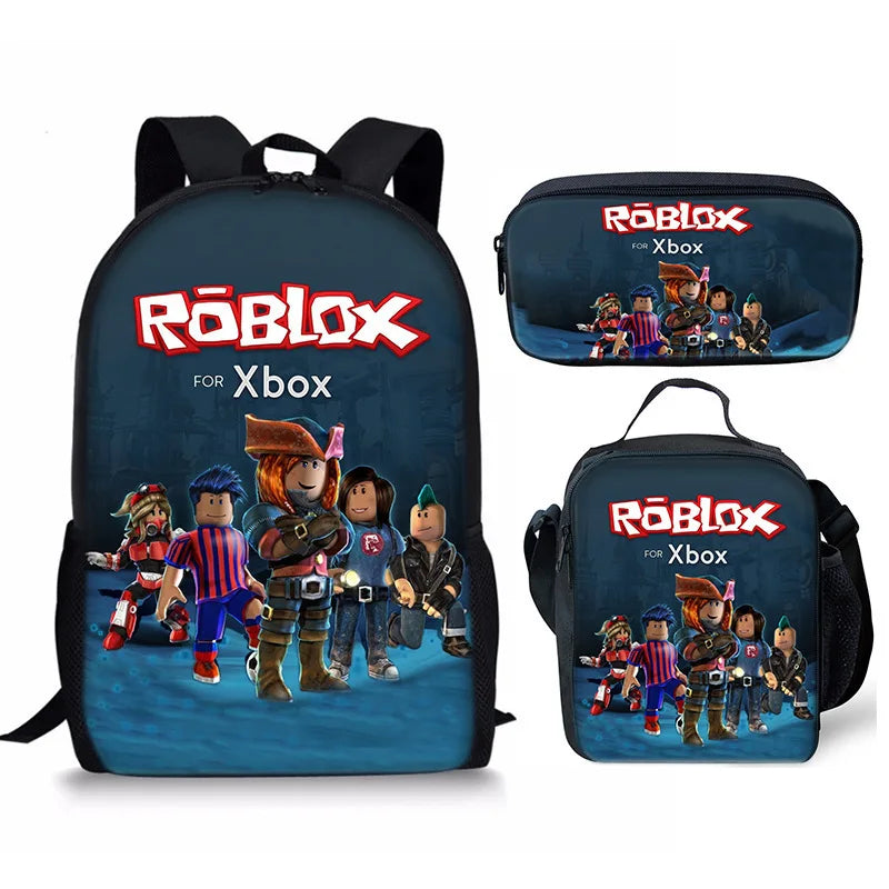 A set of three dark blue backpacks featuring Roblox characters for Xbox gaming