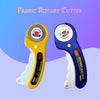 A yellow rotary cutter and a blue rotary cutter are shown against a light purple background.