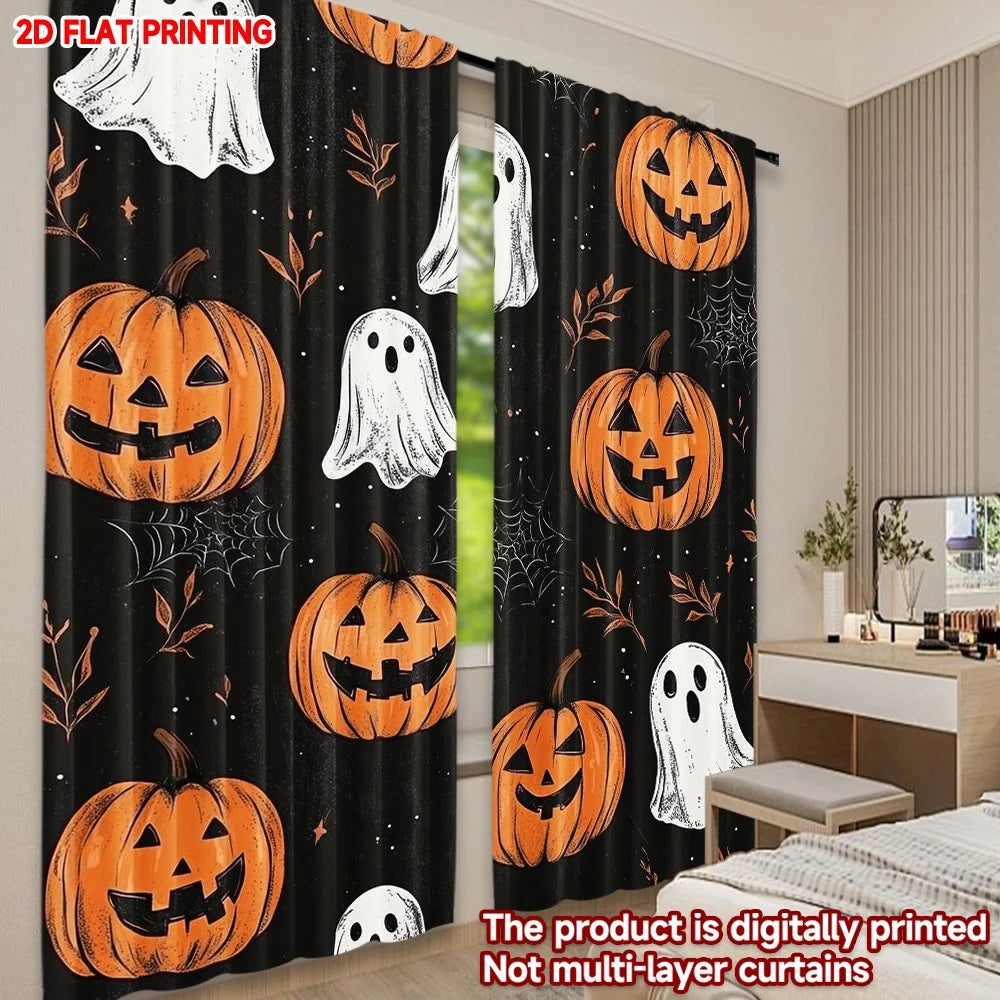 Black curtain panels featuring orange Halloween pumpkins and white ghosts printed on them