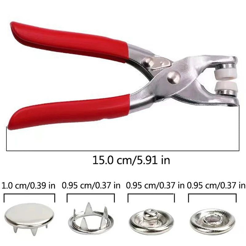 A pair of red and silver pliers used for fastener installation, along with several small metal snaps.