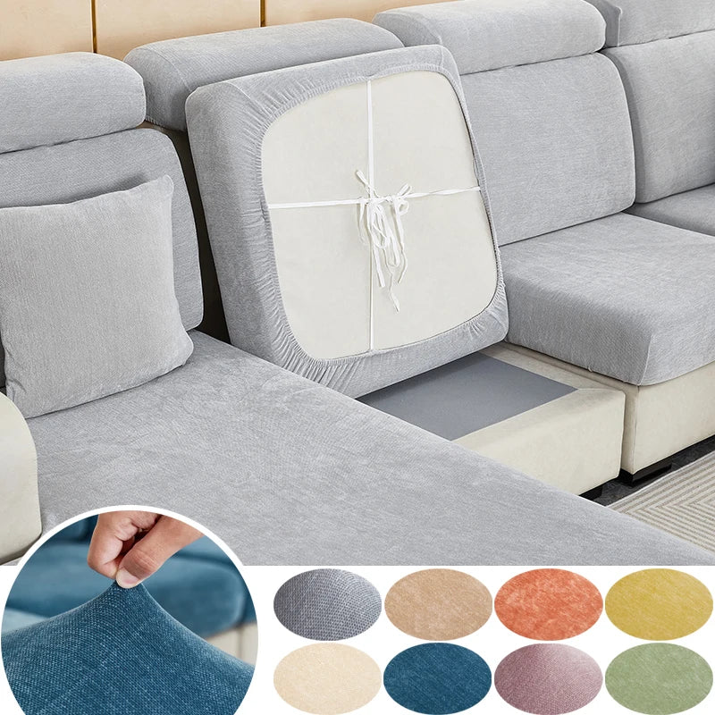 A collection of gray and beige stretchable chenille sofa cushion covers shown in various colors and textures.