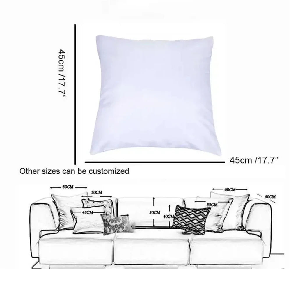 A white square decorative throw pillow cover shown next to a measurement guide.