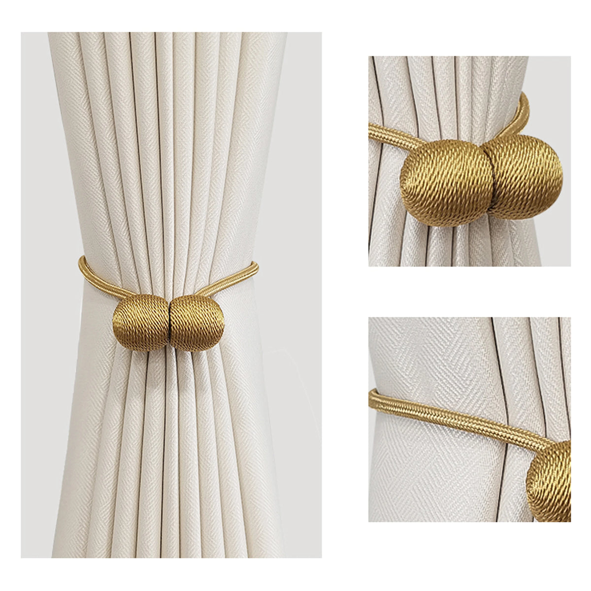 Gold magnetic ball curtain tiebacks shown in various close-up and full view against a light fabric background