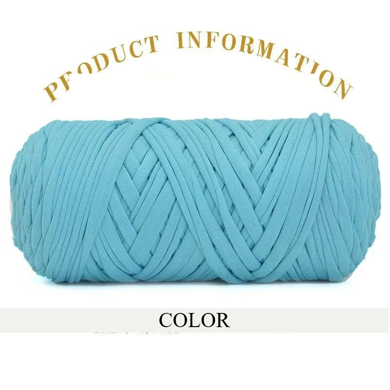 A skein of thick, light blue polyester blended yarn is shown coiled and textured.
