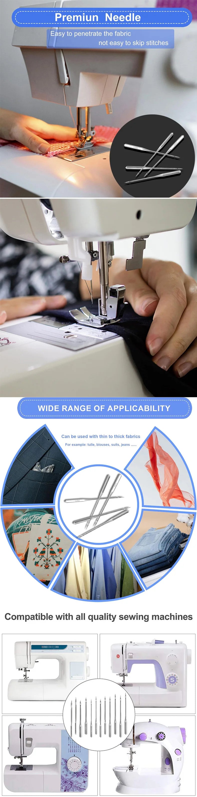 A set of various sewing machine needles and a white sewing machine are shown for use in fabric stitching.