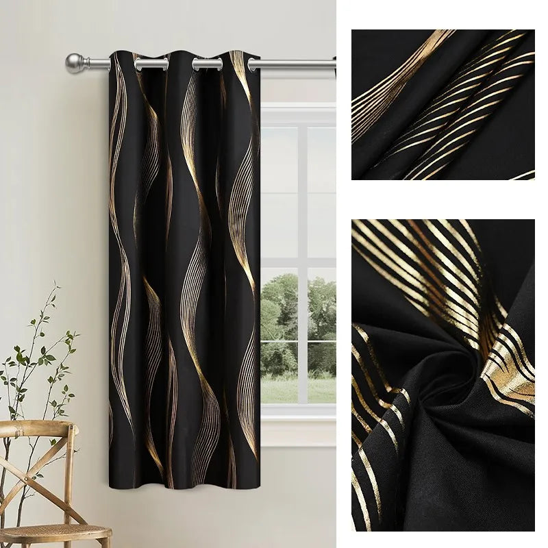 Blackout curtains featuring a golden wave pattern hanging on a rod.