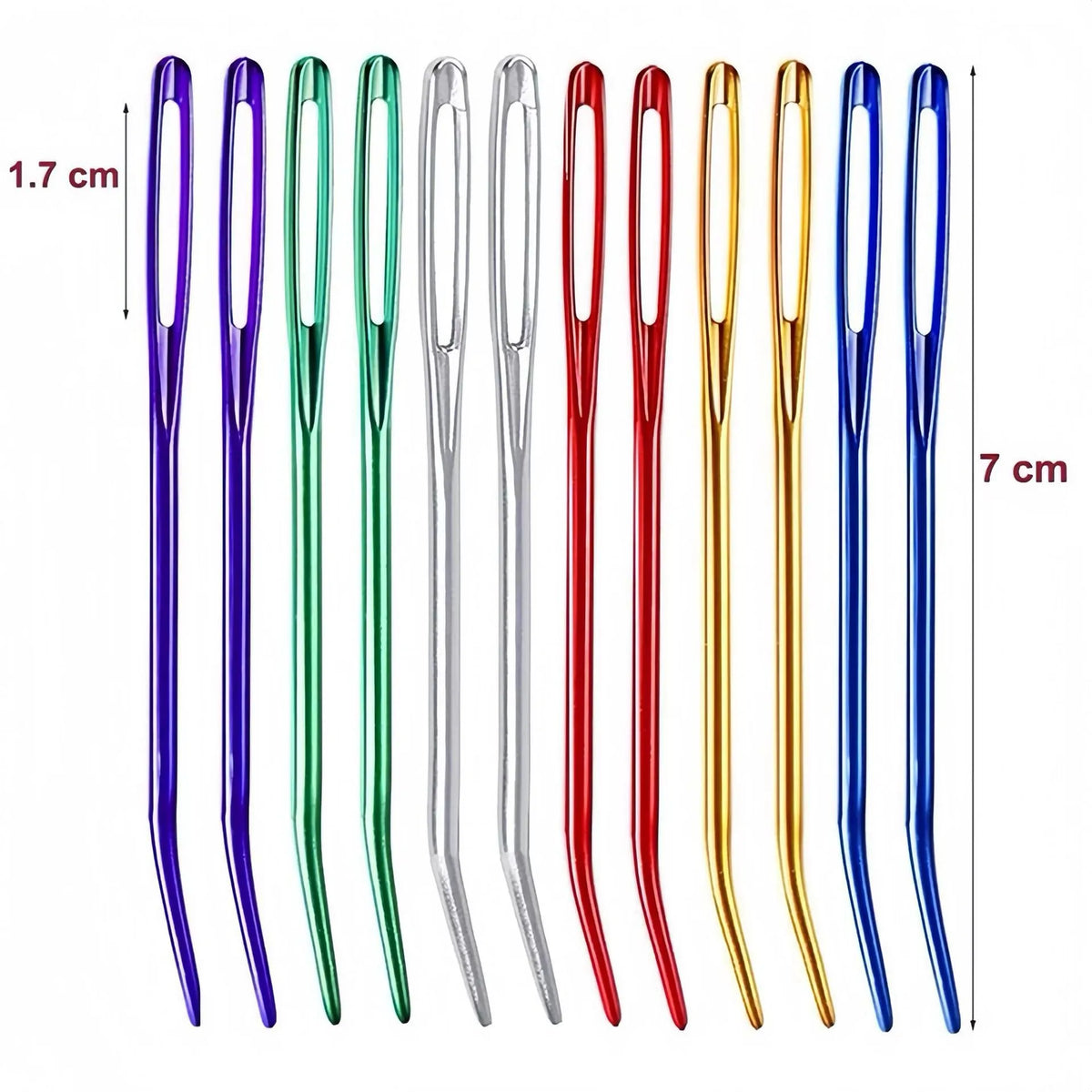 A set of 20 aluminum knitting needles and sewing pins in various colors including purple, green, silver, red, gold, and blue.
