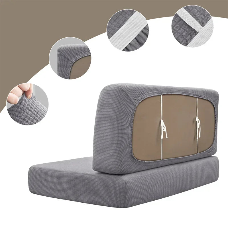A gray water repellent stretch sofa and chair cover with a brown accent panel, shown from the side and with detail circles.
