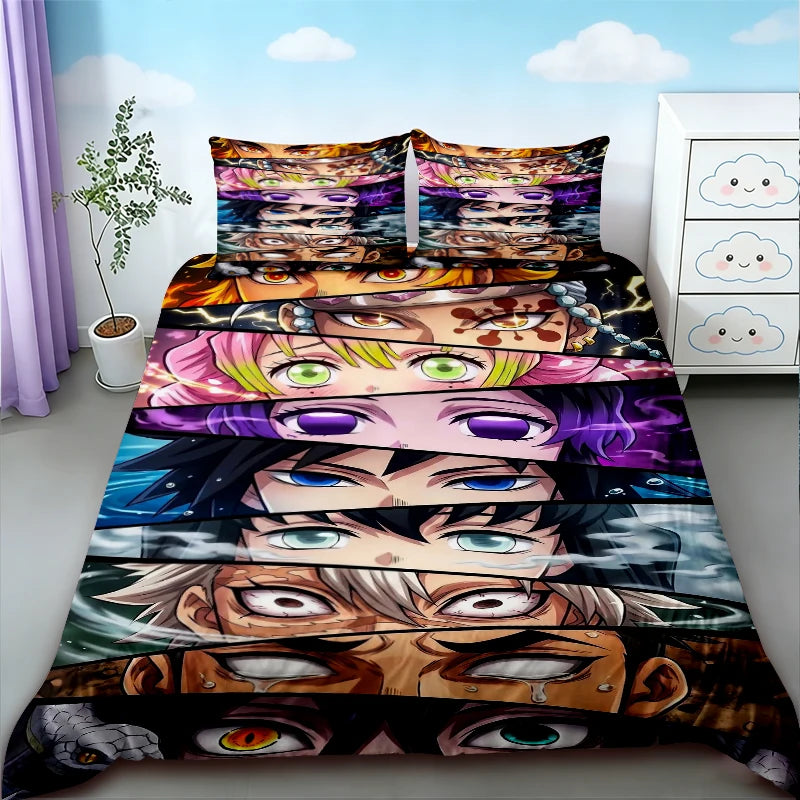 Anime Demon Slayer duvet cover set featuring multiple stylized anime characters with intense expressions