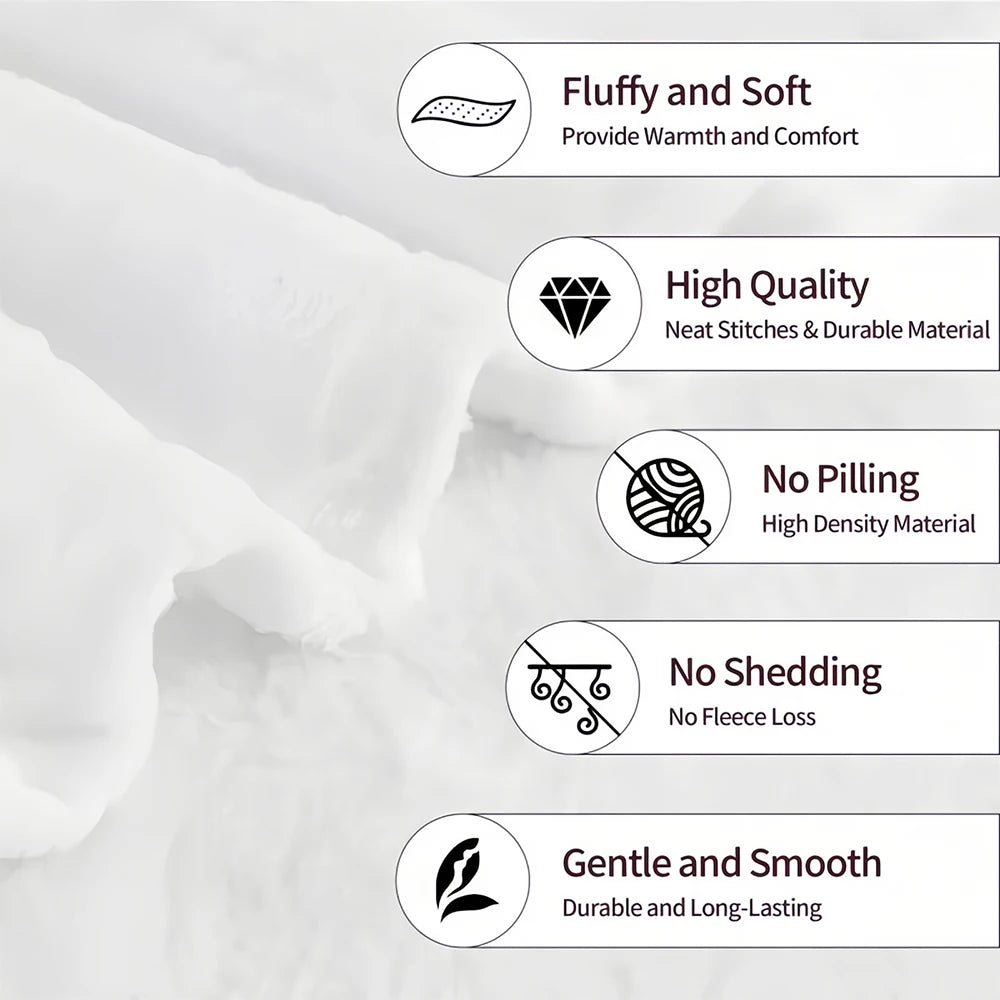 A white fluffy throw blanket set with features highlighting softness, quality stitching, no pilling, and gentle durability.