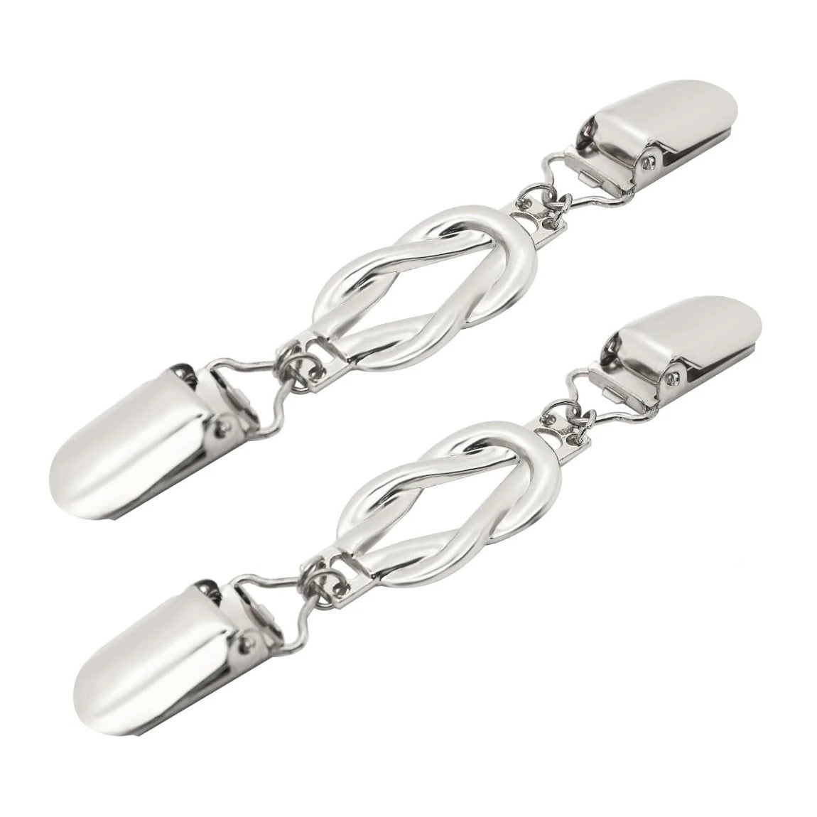 Silver garment clinching clip with a chain and a rectangular clasp