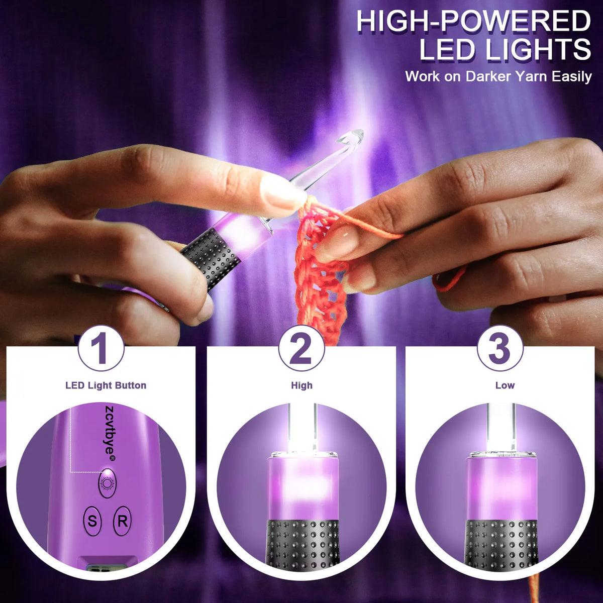 Hands are using an ergonomic crochet hook set with LED lights to work on dark yarn.