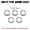 A set of 100 silver 4mm eyelets, measuring 0.16 inches each.