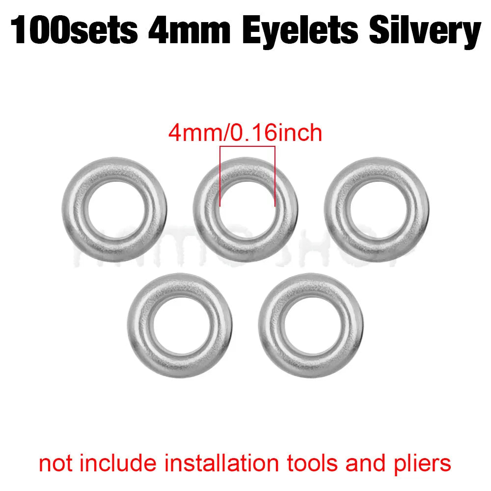 A set of 100 silver 4mm eyelets, measuring 0.16 inches each.