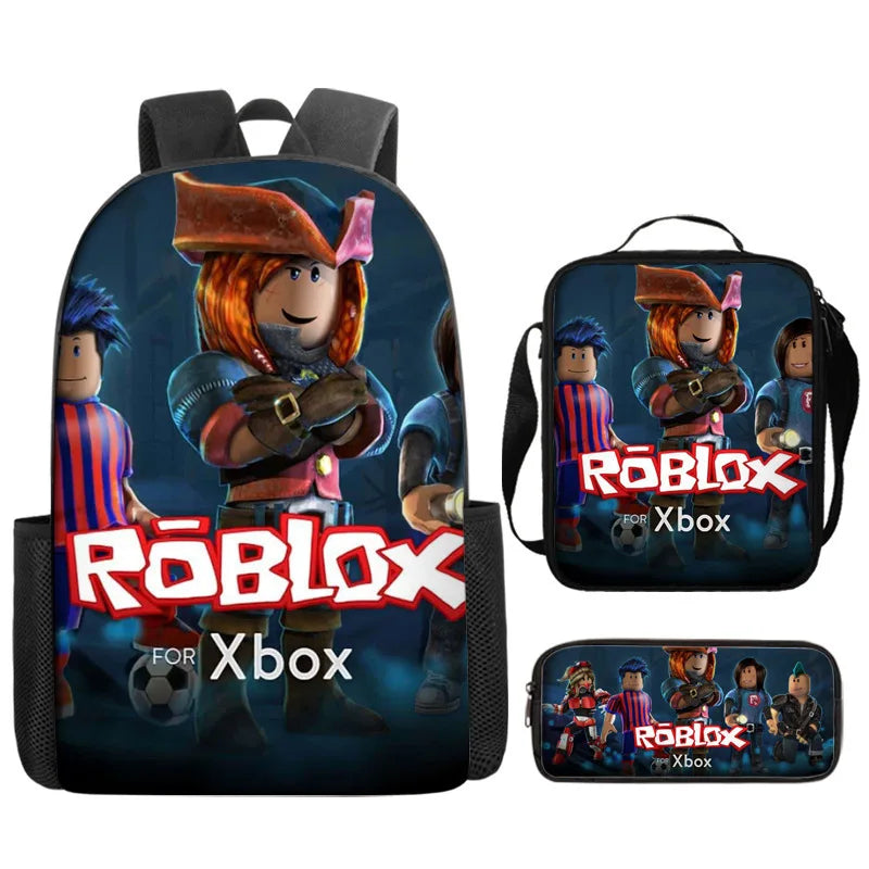 A black backpack featuring a Roblox theme with characters and branding for Xbox, along with a matching laptop sleeve.