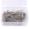 A clear plastic container holds a bundle of stainless steel T-pins for wig making or knitting.