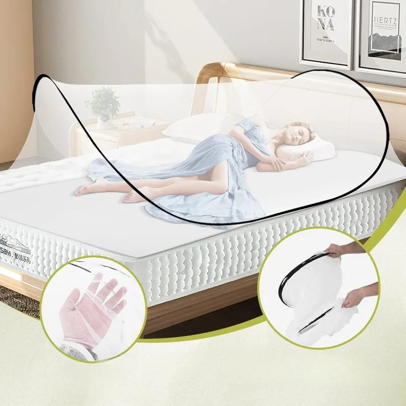 A woman is relaxing on a bed with a mosquito net pop-up bed setup, demonstrating its use for camping and travel.