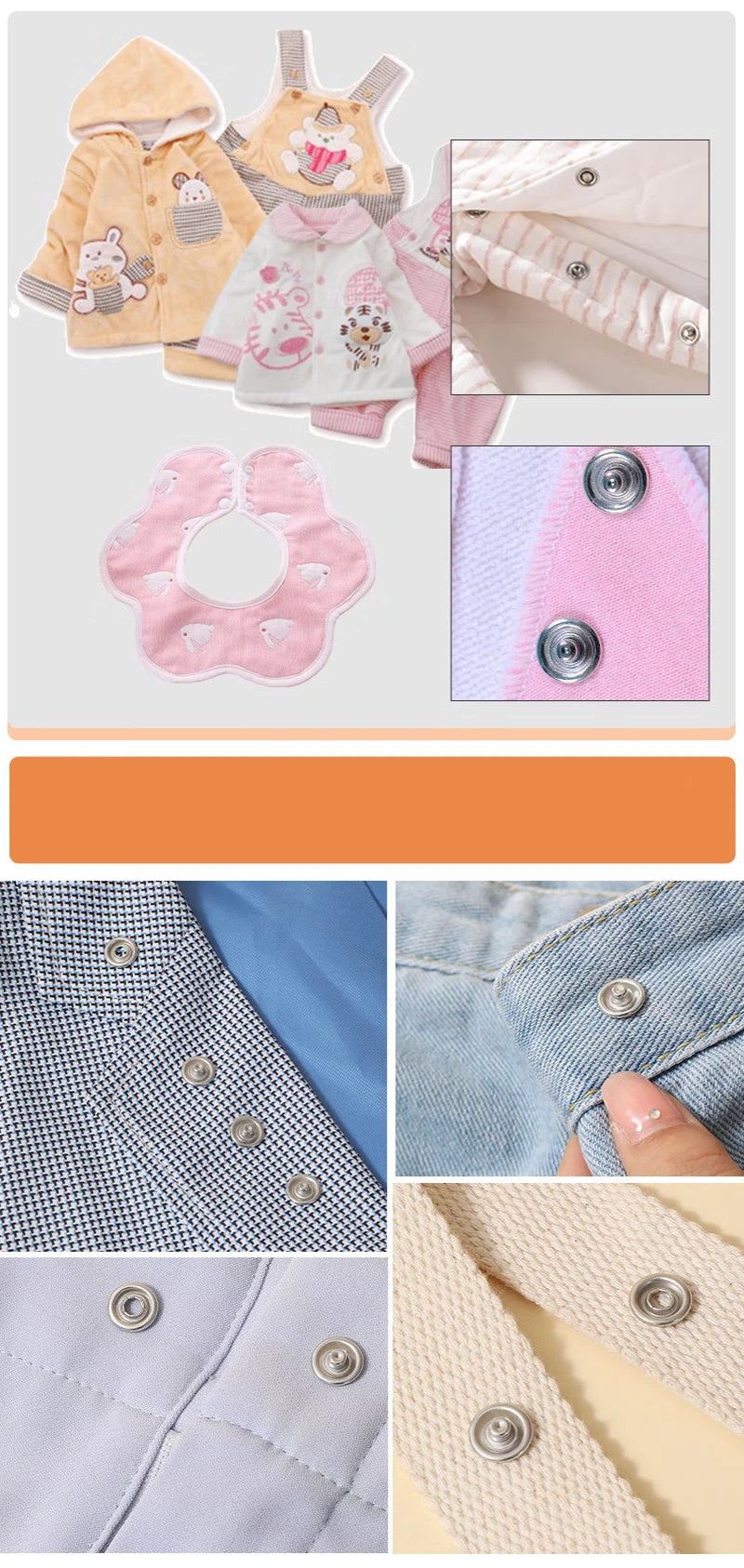 A collection of fabric items and metal snap buttons for a DIY sewing kit, including a yellow hoodie, pink shirt, and various 