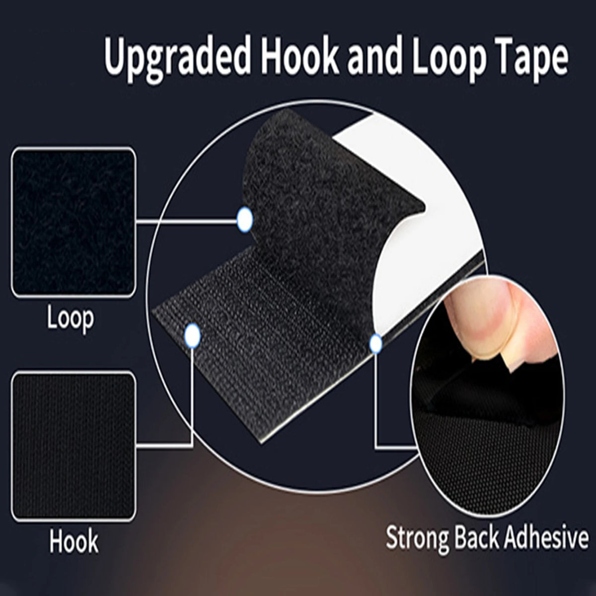 Close-up view of an upgraded hook and loop tape showing the loop, hook, and strong back adhesive for blackout curtains.