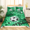 A green duvet cover featuring a soccer ball pattern with the text ATB