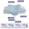A cooling memory foam cervical pillow showing various support areas including low pillow and back sleeping area, cranial foss