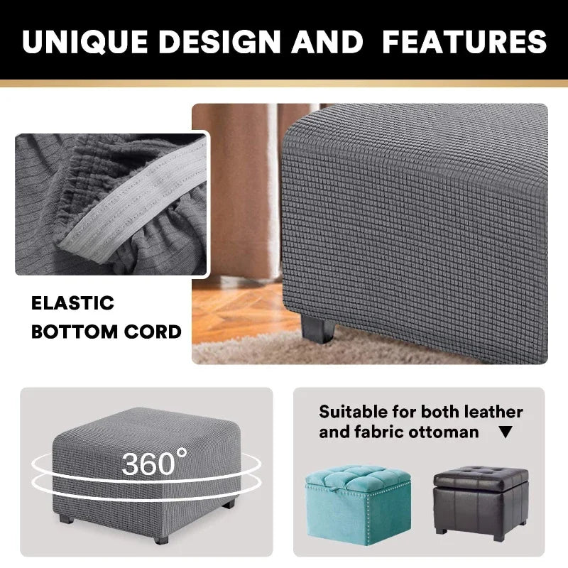 Gray square ottoman slipcover with an elastic bottom cord and suitable for leather and fabric ottomans