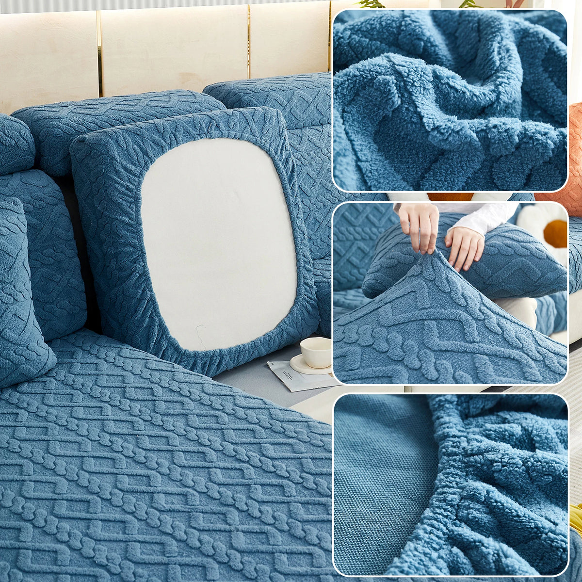 A deep blue plush velvet sofa cover with a quilted texture and anti-slip backing shown in various close-up views.