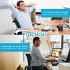 A man is shown using a memory foam lumbar support pillow in two different positions for back support.