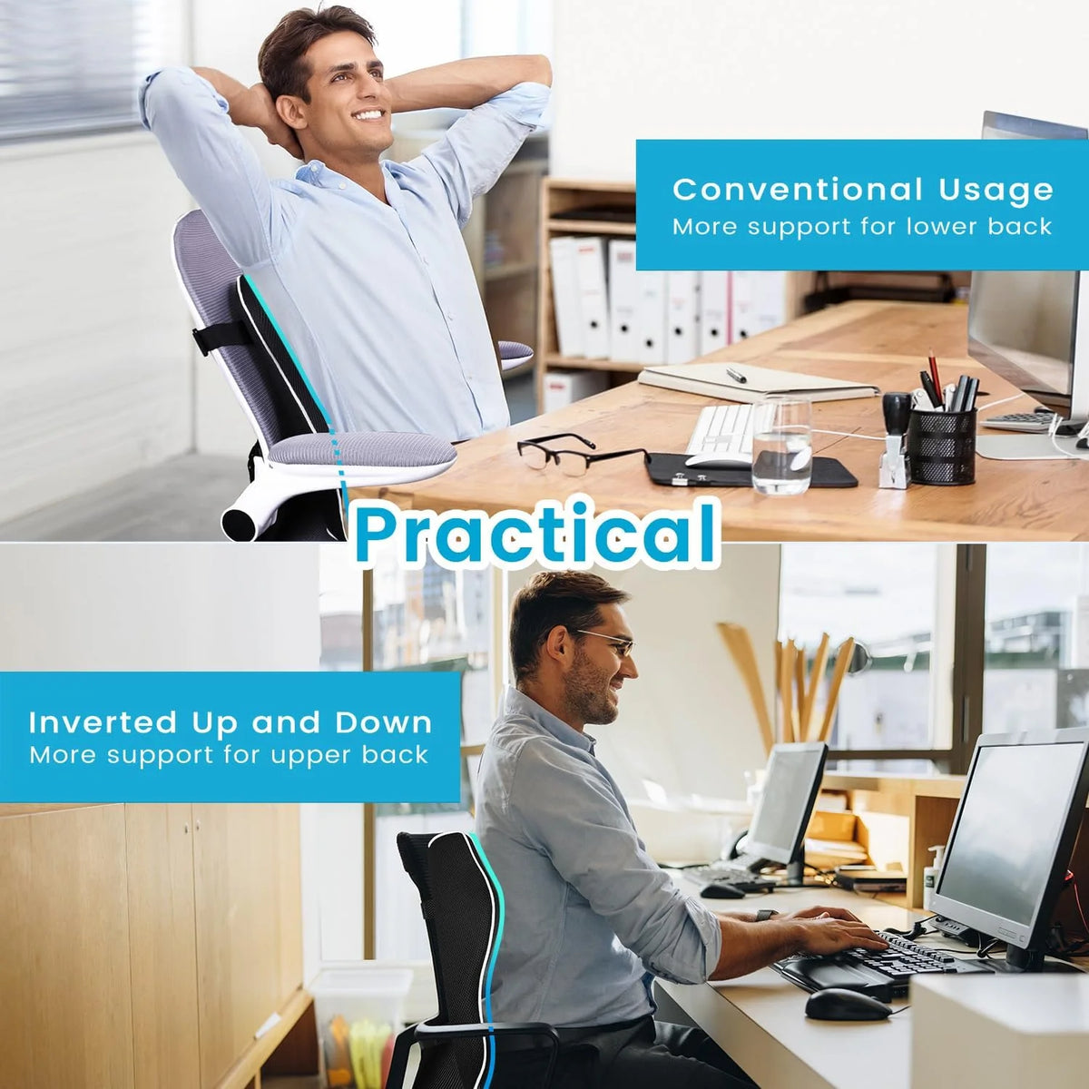 A man is shown using a memory foam lumbar support pillow in two different positions for back support.