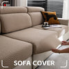 A beige stretchy polar fleece sofa cover is shown on a modern sectional sofa with a dark accent pillow.