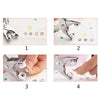 Four steps showing the installation of a snap fastener using pliers and an installation kit.