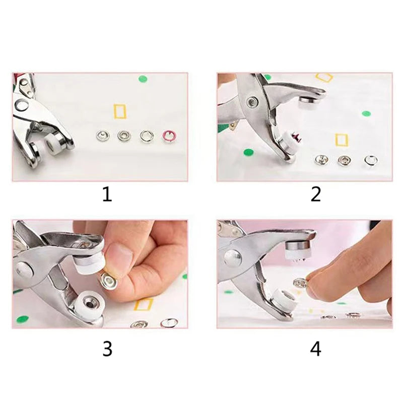 Four steps showing the installation of a snap fastener using pliers and an installation kit.