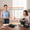 A woman is shown using a portable marker storage pouch on a wooden desk, surrounded by other organizational tools.
