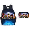 A black backpack and pen case set featuring Roblox characters on the front and back.