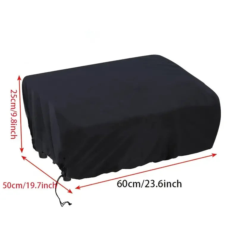 Black heavy-duty BBQ grill cover with drawstring shown flat.