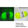 A ball of bright yellow glow-in-the-dark polyester yarn labeled G004 Optical Yellow with a 2mm diameter and 50 meters length.
