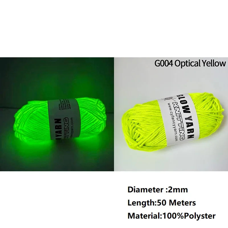 A ball of bright yellow glow-in-the-dark polyester yarn labeled G004 Optical Yellow with a 2mm diameter and 50 meters length.