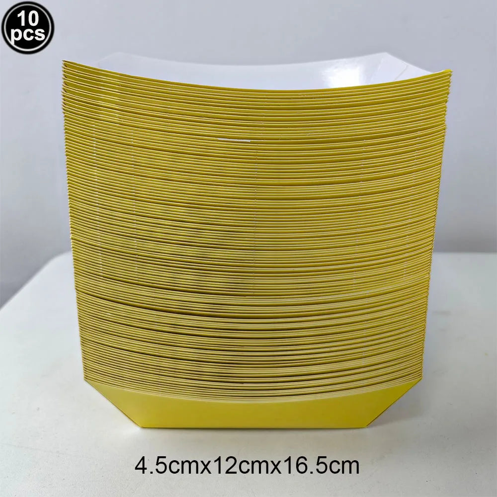 A stack of ten yellow rectangle tablecloths with dimensions 4.5cm x 12cm x 16.5cm.