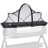 A portable bassinet mosquito net cover with a black mesh top and frame, resting on a white baby crib.