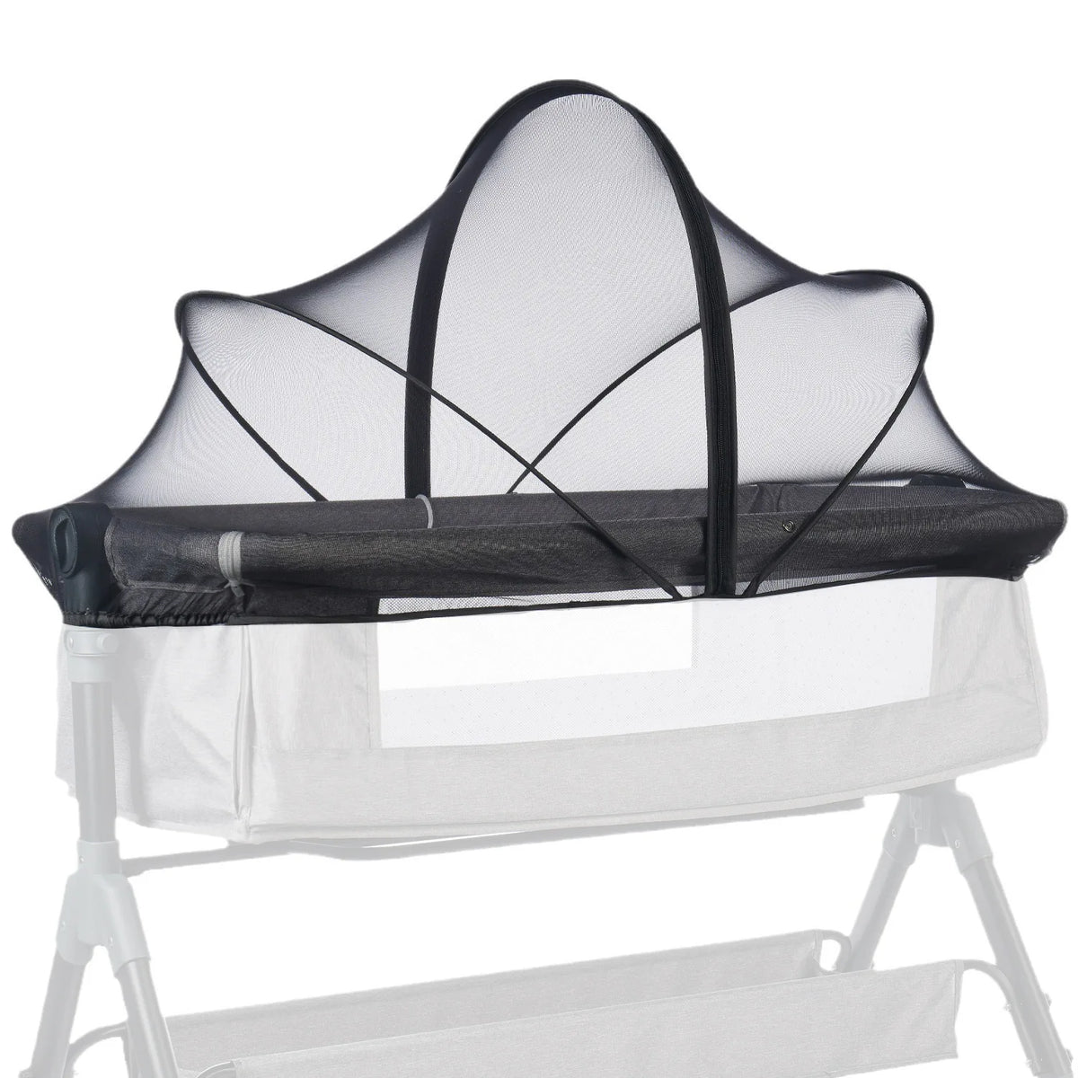 A portable bassinet mosquito net cover with a black mesh top and frame, resting on a white baby crib.