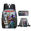 A black backpack featuring Roblox characters and a set of matching laptop sleeves.