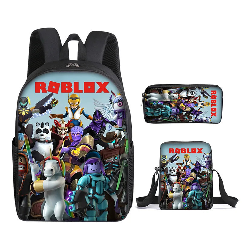 A black backpack featuring Roblox characters and a set of matching laptop sleeves.