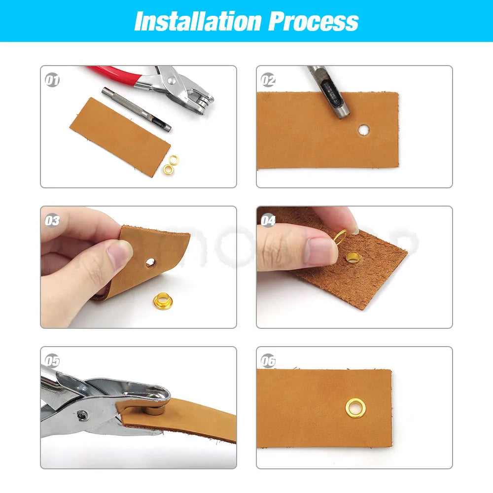 Six-step installation process showing the use of a precision eyelet punch and grommet tool set on brown leather.