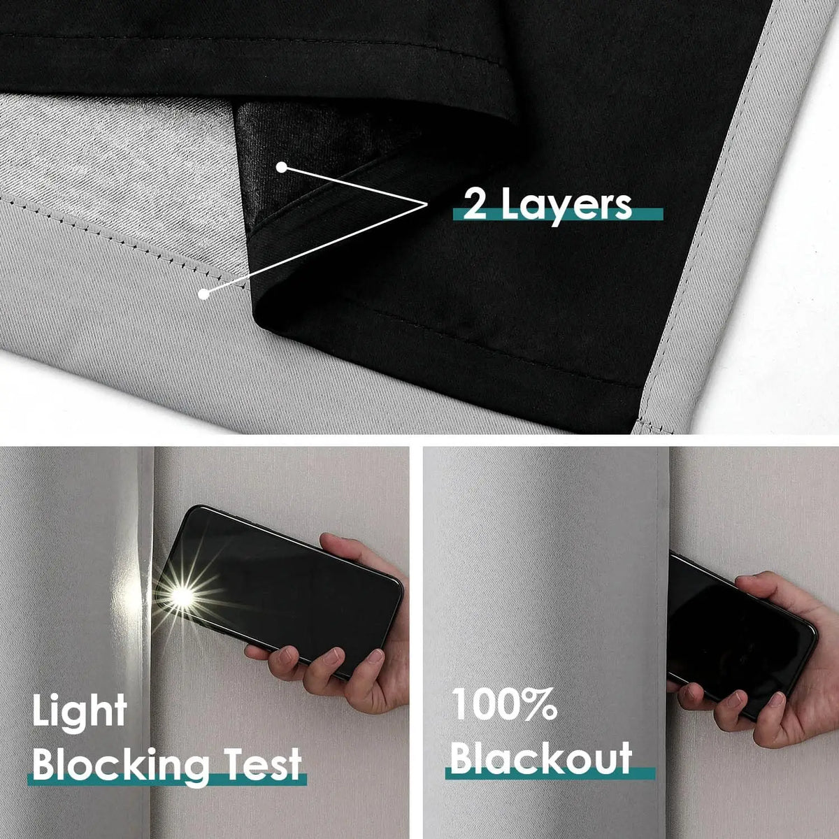 Demonstration of 2 layers of blackout thermal window drapes with a light blocking test and 100% blackout feature.